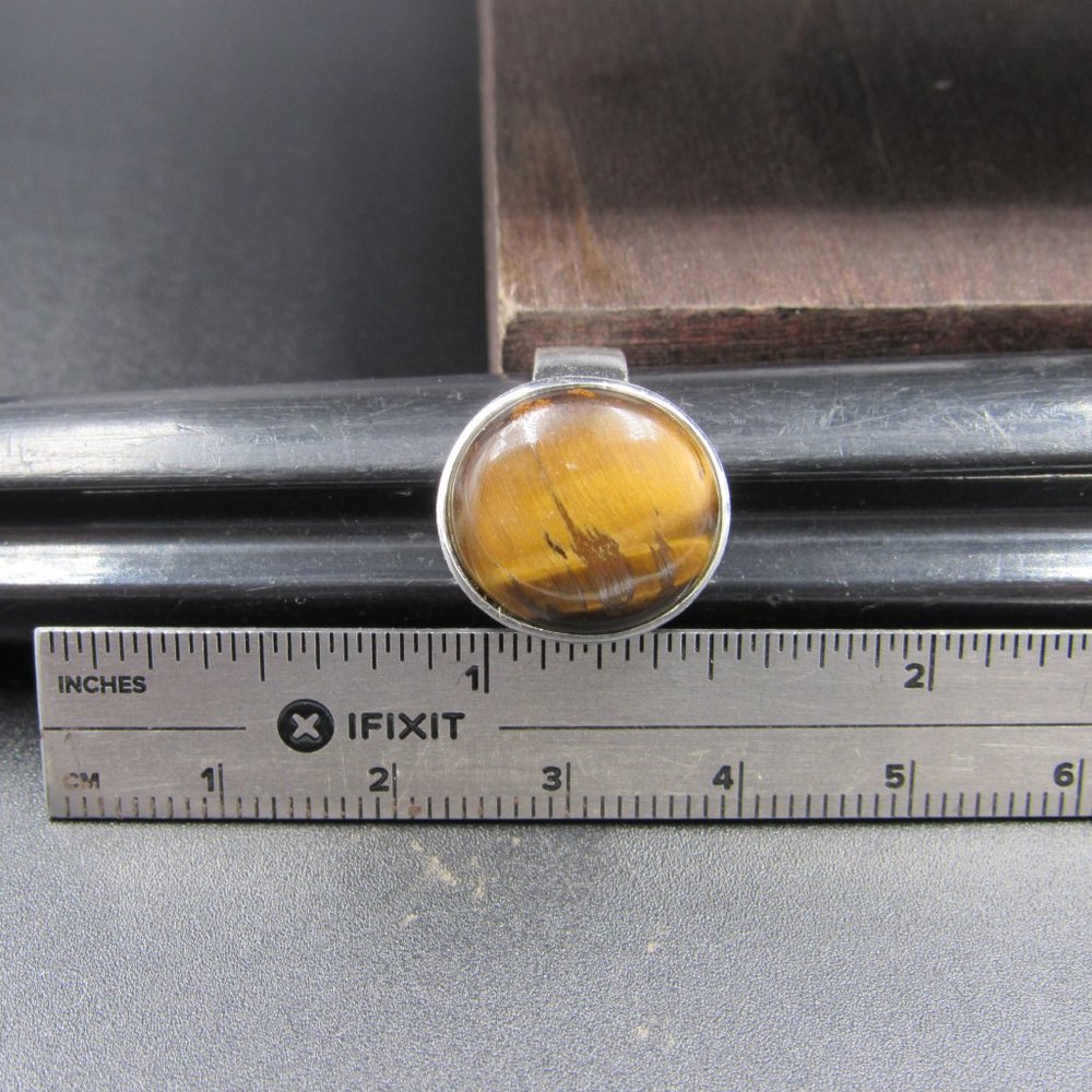 Size 7 Sterling Silver Round Tiger's Eye Stone Band Ring Vintage - Picture 7 of 8